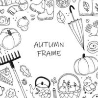 Black and white round doodle frame with autumn elements. Vector illustration.