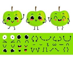 manzana verde. conjunto para crear un divertido personaje de dibujos animados de manzana. ilustración vectorial del constructor de caracteres. vector