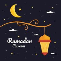 ilustración de ramadan kareem con luna creciente y concepto de linterna. estilo de dibujos animados de diseño plano vector