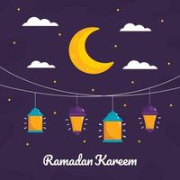 Ramadan Kareem Illustration With Crescent Moon And Lantern Concept. Flat Design Cartoon Style vector