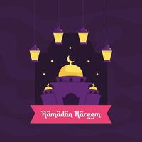 Ramadan Kareem Illustration With Mosque And Lantern Concept. Flat Design Cartoon Style vector
