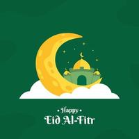 Happy Eid Al Fitr Illustration With Lantern And Mosque Concept. Flat Design Cartoon Style vector