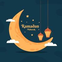 Ramadan Kareem Illustration With Crescent Moon And Lantern Concept. Flat Design Cartoon Style vector