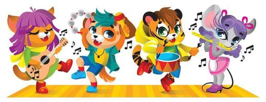 Cute little animals play musical instruments. A cat with a guitar, a dog with a maracas and a tambourine, a tiger with a drum, a mouse with a flute. vector