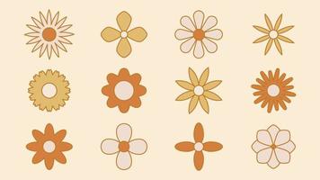 colección de flores florecientes simples al estilo hippie psicodélico de los años 70. conjunto de pegatinas gráficas en diseño retro. fondo maravilloso. ilustración vectorial aislada de trazo editable vector