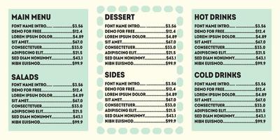 Menu design template in cute light green and yellow colors. It has sections like main course, salads, desserts, sides, cold drinks and hot drinks. vector