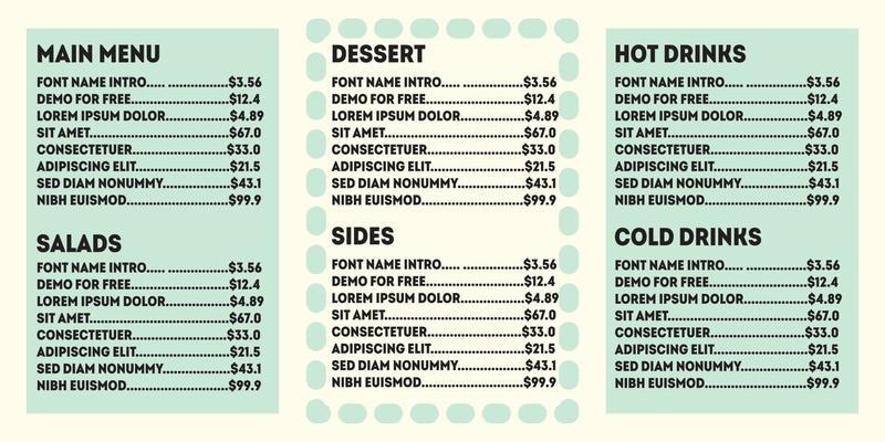 Menu design template in cute light green and yellow colors. It has sections like main course, salads, desserts, sides, cold drinks and hot drinks.