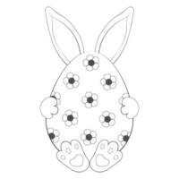 Cute bunny with big egg. Happy Easter. Fun character. Outline. Coloring book. Vector illustration. Isolated on white. Monochrome image