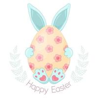 Cute bunny with big egg. Happy Easter. Fun character. Cartoon style. Spring greeting card. Vector illustration. Isolated on white.