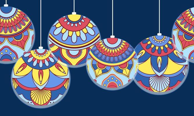 Colored Christmas tree toys, balloons. New Year's decorations. Festive background.