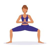 Girl does yoga, sits in the pose of a goddess, hands in namaste. Vector illustration of sports and healthy lifestyle. Ancient Indian practice of spiritual development, health and harmony.
