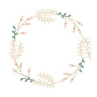 corona de delicadas ramitas de color beige y verde y capullos de rosa. ilustración vectorial festiva para ordenar postales, invitaciones. plantilla rústica para texto en forma de círculo vector