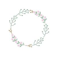 corona con delicadas rosas y ramitas verdes con hojas. ilustración vectorial festiva para el diseño o decoración de postales, invitaciones. plantilla rústica para texto en forma de círculo vector