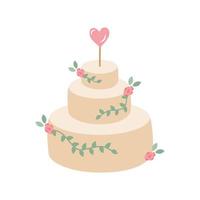 Wedding three-tiered cake in rustic style, decorated with twigs, leaves and flowers. Dessert for the holiday. Cozy natural vector design.