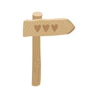 Wooden antique pointer arrow, with hearts. The vector rustic illustration is isolated. Clipart for design, decor