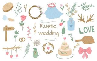 Rustic wedding elements for decoration. Simple uncomplicated flowers, a wreath, a cake, leaves, bouquets, twigs, a tree saw. Cozy natural vector design.