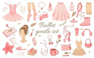 Ballet is a delicate set of feminine elements in shades of pink. Cute items pointe shoes, tutu, perfume, book, candle, ugg boots, phone, headphones, coffee. Vector collection for design or decoration