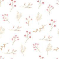 Seamless pattern with twigs, dried flowers, pink flowers in a rustic style. Simple elegant vector background for printing on fabric, paper, packaging, wallpaper