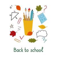 Back to school, a pencil case with pens and brushes, a banner, a poster. Formulas, handwriting, notepad, arrows. The vector illustration is isolated. For printing, design, decoration