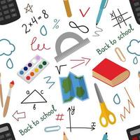 Seamless pattern with elements back to school. Calculator, paints, brushes, map, formulas, handwriting, paper clips, arrows. Bright vector illustration. For printing on paper or fabric