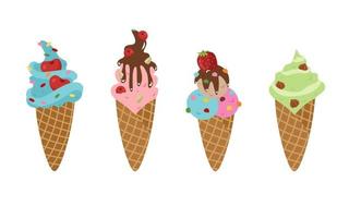 Set of ice cream in waffle cones with a variety of fillings, colored sprinkles, berries, chocolate and nuts. Vector illustration isolated on a white background.