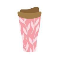 Reusable thermocup with a pink leaf and twig print for the concept of zero waste. For hot drinks, coffee, tea, cocoa. Vector illustration in cartoon style.