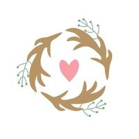 Wreath of brown and green twigs with a pink heart in the center. Festive vector illustration for the design of postcards, invitations. Rustic pattern in the shape of a circle