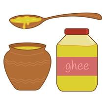 Ghee butter in a wooden spoon, in a glass jar, in a clay pot. Set of cartoon linear icons with fill. Bright flat vector illustration