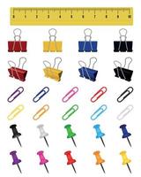 Set of colorful stationery isolated on white. Ruler, scraper, paper clip, pin. Realistic vector illustration