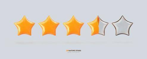 3d vector rating stars, isolated design elements. Vote quality ranking yellow and glass star on light background