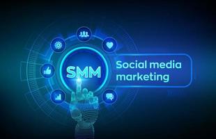 SMM. Social media marketing. Likes, comments, followers and message icons on virtual screen. Robotic hand touching digital interface. Business and internet concept. Vector illustration.