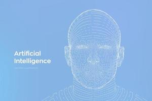 AI. Artificial intelligence concept. Ai digital brain. Abstract digital human face. Human head in robot digital computer interpretation. Robotics concept. Wireframe head concept. Vector illustration.