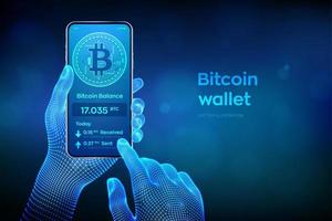 Bitcoin wallet interface on smartphone screen. Cryptocurrency payments and blockchain technology based digital money concept. Closeup mobile phone in wireframe hands. Vector illustration.