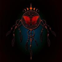 Butterfly on dreamcatcher with mandala ornament and Moon Phases. Gold Mystic symbol, Ethnic art with native American Indian boho design, vector isolated on night black background