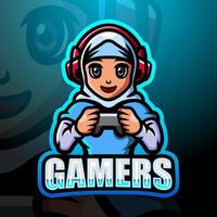 Gamer muslim girl mascot esport logo design vector