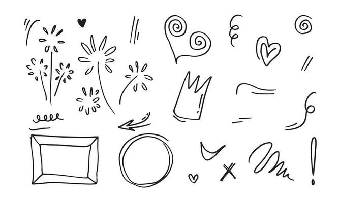 hand drawn set element,black on white background.heart,light,king,emphasis,swirl,frame,circle,exlamation,checkmark and arrow for concept design.