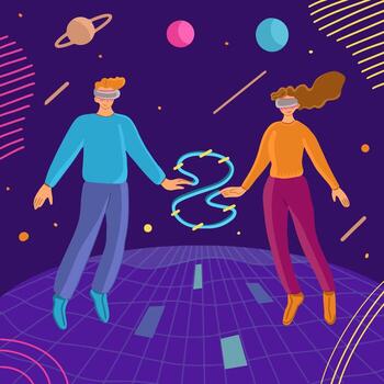 A concept of metaverse. Man and woman in VR headset glasses floating in air amongst planets and abstract objects, reminding an outer space. Augmented reality entertainment. vector