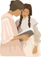 Two young women reading a book, standing next to each other. Girls reading a booklet. Vintage style dresses and hairstyles. Feminine vector illustration.