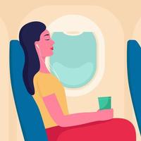 Young caucasian woman shocked by plane flight in the turbulent area. Frightened airplane passenger sitting in airplane seat and suffering from aerophobia. Vector cartoon illustration. Square layout.