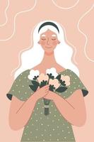 Beautiful woman with a bouquet of flowers. Postcard for women's day. illustration in flat style vector