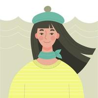 A cute young girl with long dark hair in a beret. Autumn outfit, Parisian fashion. character in flat style vector