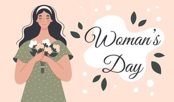Beautiful woman with a bouquet of flowers. Postcard for women's day.illustration in flat style vector