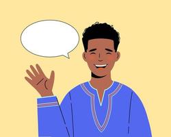 African-American young man in ethnic clothing. Illustration of black man with greeting gesture vector