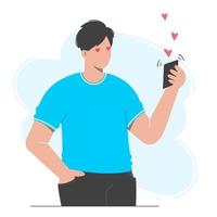 Man holds  phone in his hand, he has received  love message. Concept of web love online dating vector
