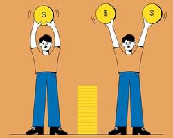 Earning money, increasing capital. Men hold gold coins in their hands. Monetary Profit vector