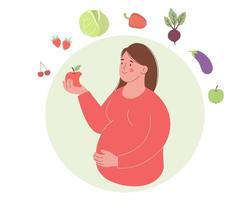 linda mujer embarazada tiene manzana roja en la mano. concepto de comida saludable durante el embarazo vector