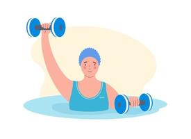 Woman performing water aerobics exercises with foam dumbbell in the pool. Concept of healthy lifestyle and sports vector