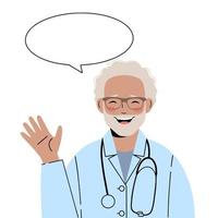 Mature doctor with glasses with a greeting gesture. Older doctor says hello vector