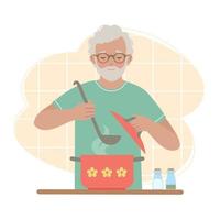 Man in the kitchen. Old man makes soup. Concept for a retired person who is engaged in household chores vector