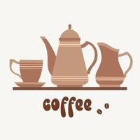 Set of items with an inscription, a coffee pot, a coffee cup and a milk jug vector